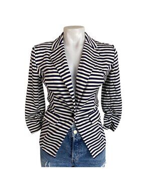 Striped Navy & White Blazer Jacket Womens Small Body Central Rayon Blend